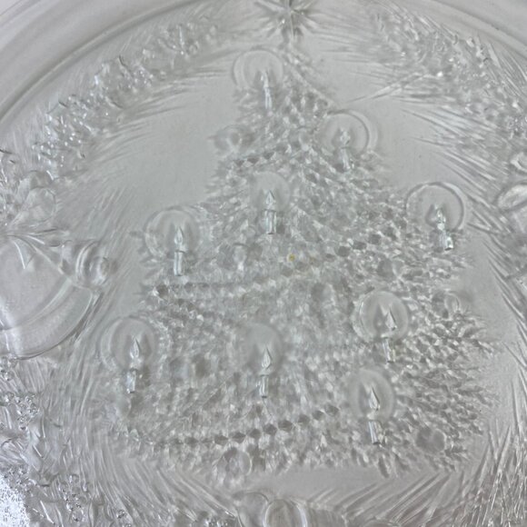 Vintage Clear Glass Christmas Tree Platter With Garlands Bows Bell Design - Picture 4 of 8